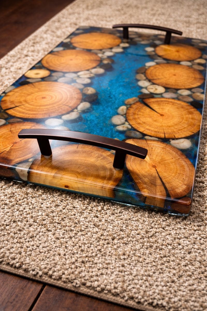 Wood Slice Epoxy River Serving Tray – Blue Resin