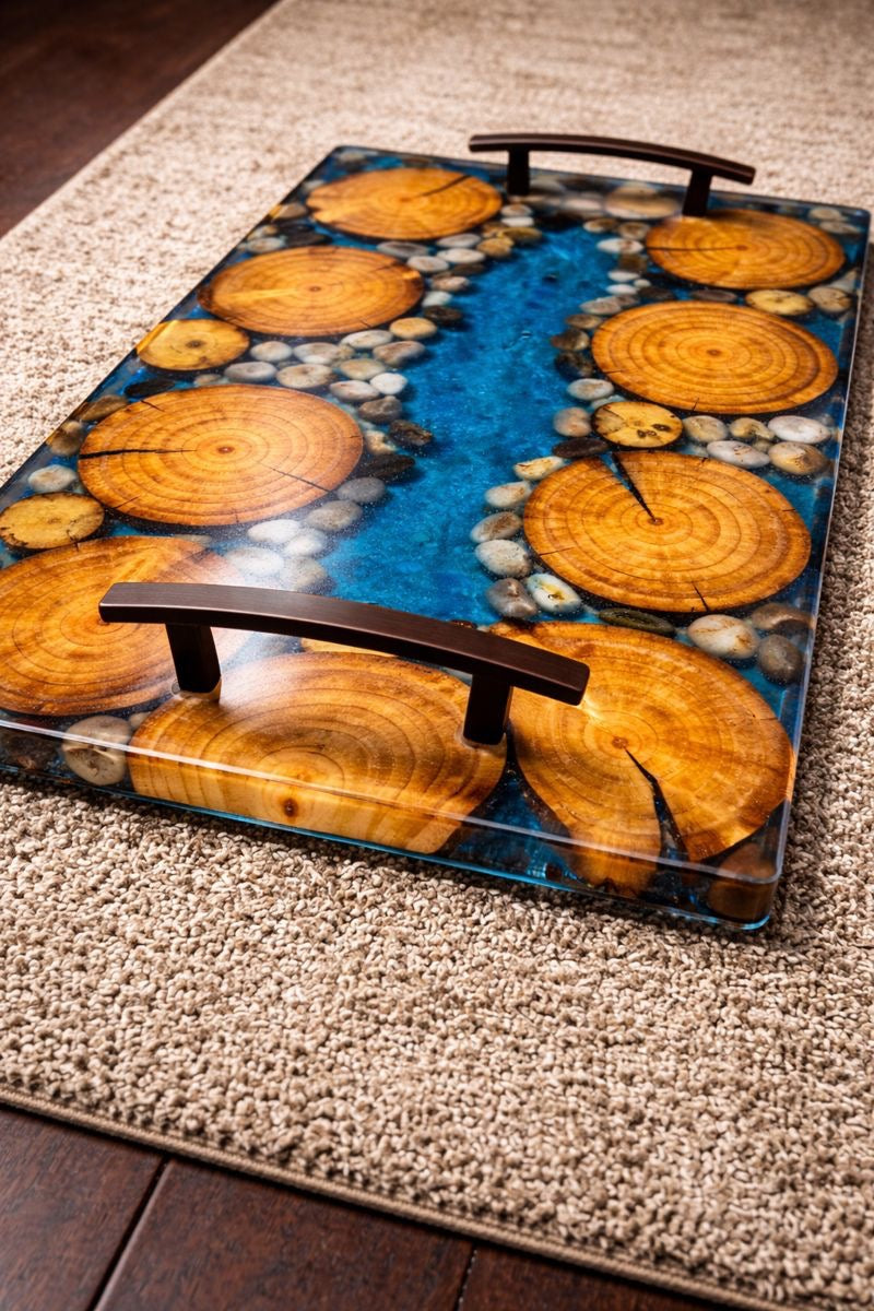 Wood Slice Epoxy River Serving Tray – Blue Resin